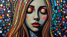 masterpiece Impasto style oil painting of creating figure full an girl the face is made of granite terrazzo motifs black with textured brush strokes, long hair is made of immersive experience, intricate and detailed, trippy psychedelic Pointillist bright, lively and colorful explosions mirrors dry, and closed eyes. Cubist granite abstract descending from a amazing stained glass spirograph sheets slanted ribbon lines, a sheets spiral geomatrical, Express live brushwork brings depth and texture to