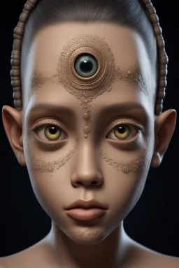 Plano general, hyperrealista, ultra HD, of a beautiful out of this world girl, cobriza textured skin, expanded skull, tribal joys of large eyes, almendrados, redundas and dark pupils, small noses and ancha, small nasal fosas, fine lips, pointed ears. background of the figura entorno selvático
