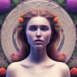 3d smilling woman,topless, full body and face shown, 32K, intricately detailed, plants, flowers, colorful, rtx, unreal engine 5, art nouveau, clouds, smoke, square type face