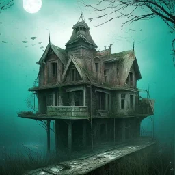 Abandoned house, overgrown, partially submerged,house interior, water inside