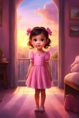 Digital painting of a cute little girl in a pink dress, front view, Agnes face, dark hair, bow on her head, glowing eyes, cute face, sunset, light from behind, cozy room in the background, Disney art, digital painting style, High Quality, 4k