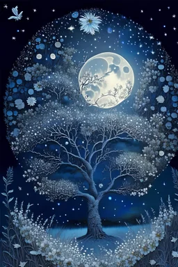 a background of softly blended blues, greys, silvers, and whites with distant, twinkling stars in the sky, an a circle moon casting a soft glow of light on a foreground of a field of various flowers surrounding a tree of life