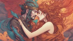 The god of love kissing the god of death. concept art, intricately detailed, color depth, dramatic, colorful background.