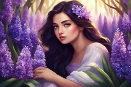 A beautiful girl is sitting surrounded by full of hyacinth flowers, long dark hair, sparkling eyes, digital painting style, high quality