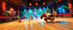 donkey kong bowling stage racing, motion blur, weird creatures