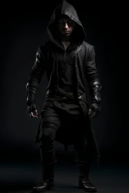 young human rogue in dark medieval clothing hood down full body