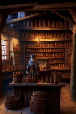 inside of a medieval shop, wooden walls, log pillars, stone desk with shop keeper behind it,