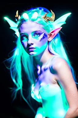 Bioluminescent blue avatars identify dots and patterns on their skin. Pointed elf ears, white hair, glowing blue eyes, slightly shiny blue skin.A beautiful girl with glowing golden eyes. With white decorated hair. And the whole body. And decorated dragon stones. And decorative glass trees realistic