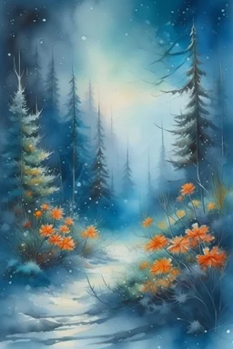 Aquarelle humide, belles fleurs, sapins, dessin fin, beau paysage blanc comme neige, graphisme pixelisé, sensualité délicate, réaliste, haute qualité, œuvre d'art, hyperdétalisation, professionnel, filigrane, brume brumeuse, hyperréalisme, professionnel, transparent, pastel délicat tons, rétroéclairage, contraste, fantastique, nature, espace, La Voie lactée est fabuleuse, irréelle, translucide, lumineuse, lignes claires