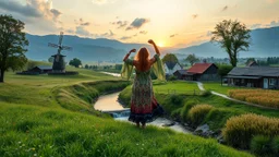 a lady dancing to camera in village over high grassy hills,a small fall and river and wild flowers at river sides, trees houses ,next to Ripe wheat ready for harvest farm,windmill ,an open air Handicraft exhibition,a few village local shops ,cloudy sun set sky