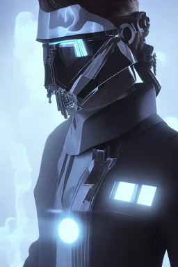 All Black suit Anakin Skywalker soldier, ghost, wearing high tech mask, white smoke, dark, rage, sorrow, high definition, ultra 8 k, volumetric lighting, blue fire, fog