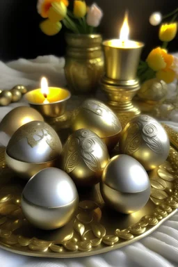Jaja zloto srebrne z gwiazdkami kryształkami święta geometria narodziny bogini Wenus świece kobieta ,kapłanka w szatach srebrno złotych