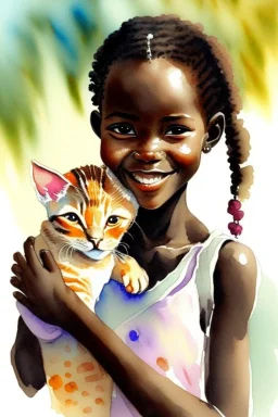 A cute smiling african girl is holding a kitten. Watercolour