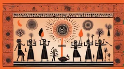 prehistoric religious ritual with Psilocybin in style of Warli painting orange, red to black