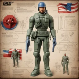 Plastic action figure of G.I. Joe technical schematic, pivot joint, rotational arrows, by Da Vinci, infographic illustration, colorful, american flag background textures