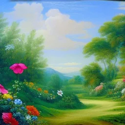 Green valley flowers, painted, classical painting