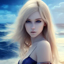 Sexy anime blonde, stormy seas, two people, Aaron Carter, romance, romantic, water, swimming, DAZ3D, soft lips, cinematic lighting, studio lighting, shine, 4K, fantastic view, girls at beach with her.