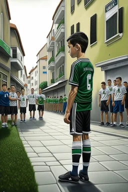 Cristiano Ronaldo, young boy, detailed, hyperrealistic, practicing his famous free kick stance in the streets of Madeira, Portugal. Spiky black hair, tall for his age, wearing a Sporting Lisbon jersey.