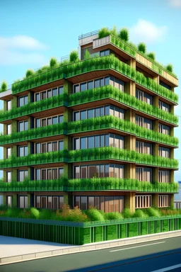п'ятиповерхова житлова будівля для проживання великої кількості людей з зеленим дахом та гарним оздобленим фасадом