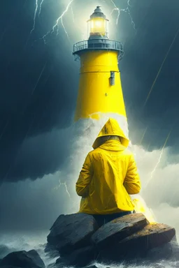 portrait of dead seafarer sitting in yellow raincoat on rocks beneath a unreal bright white lighthouse, storm clouds, lightening, volumetric light,depth of field, fantasy art, 4k, highly detailed, sunbeam