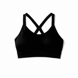 Cross-back sport bra, top view, flat lay, realistic, active wear, black seamless material