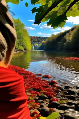caperucita roja asomándose al río, desde la perspectiva de abajo del agua