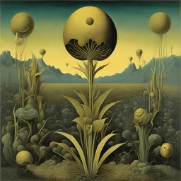 Credit farmer, surreal plants which grow golden credit tokens, by Max ernst, weirdcore, art from beyond