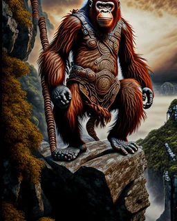 Orangutan Assassin Gothic symmetrical design standing on the edge of a cliff frontal view full body full arms full legs full head full hyper-detailed hyper-realistic ink art full legs 8k