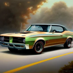 hyperrealism Drawing of '1967 Pontiac GTO' three quarter frontal aerial view, by gaston bussiere, greg rutkowski, yoji shinkawa, yoshitaka amano, tsutomu nihei, donato giancola, tim hildebrandt,oil on canvas, cinematic composition,Sharp detail,extreme detail,fit full head inside picture,16k