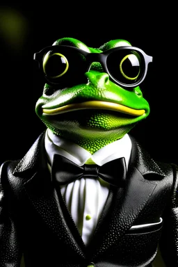 An elegant frog with glasses and a tuxedo