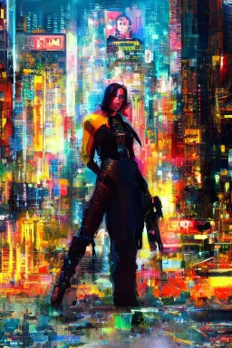 Full body portrait, painting, medium shot lady postcyberpunk