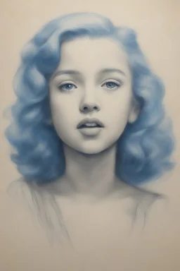 A little girl like marilyn monroe, with long blue hair, charcoal sketch on toned paper
