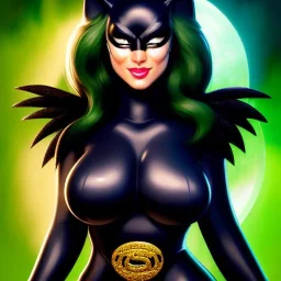 ultra detailed fullbody portrait of beautiful busty Black Cat DC Universe, wearing skintight costume, extremely detailed digital painting, intrincate, extremely detailed smiling face,crystal clear Big Green eyes, in the style of adam hughes , mystical colors , perfectly centered image, perfect composition, rim light, beautiful lighting,8k, stunning scene, raytracing