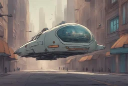 small, sleek, cargo spaceship, looking like the Seaview flying sub, landing on an alien street