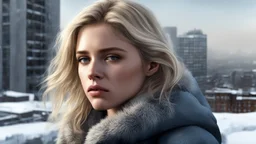 beautiful sad blonde woman, ninth floor, winter, photorealism, 3d, 64k, high resolution, hyperrealism, f/16, 1/300 s.