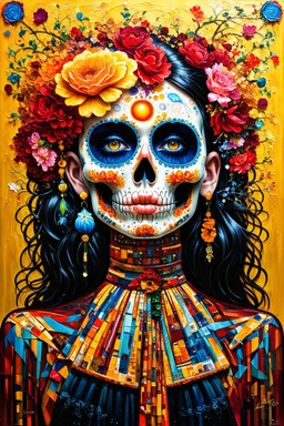 Viva la muerte; Surrealistic painting inspired by Klimt and Hundertwasser; Golden Hour; Exquisitely Detailed
