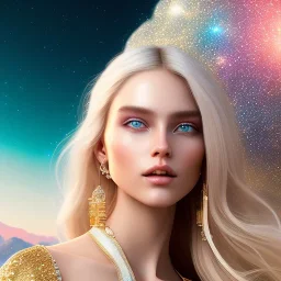 white woman glitter smiling long blond hair blue eyes in a galactic ambiance, delicate colors in the foreground, full of details, smooth, light effect，vaporwave colorful, smooth, extremely sharp detail, finely tuned detail, ultra high definition, 8 k, ultra sharp focus