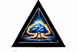 a blue nuclear explosion cloud, behind an omega like shape, all inside an equilateral triangle, radiant lines, oil painting