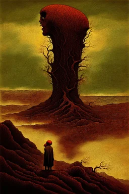 strange landscape creatures and people, fantastical surrealist otherworldly, moody colors, , absurb, Minimalist, dystopia, elegant, surreal, stormy cloudscosmic, terrifying, eternal, mysterious.) decayed and suffering humanoid lost ravaged landscape. Macabe Oppressive definition acrylic art Artist Beksinski