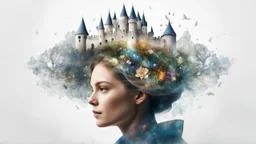 white background, Magic secret on the top of a woman's head, in her hair, double exposure, high resolution, fine rendering, high detail, 3D, castle on the head, fantasy, mysticism, space, flower