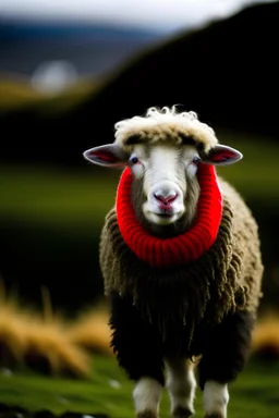 An Icelandic sheep with a funny face wearing a traditional icelandic woolen sweater