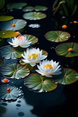 Oil painting of white lotus flowers floating on the water