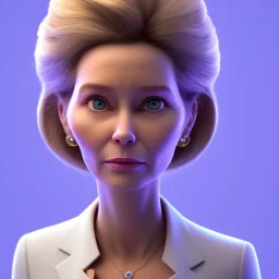 Ursula von der Leyen, 3d animation, Pixar Studio movie style, pixar's UP style, rounded face, big circular reflective eyes, large cheekbones, small chin, huge forehead, huge haircut, unreal engine cinematic smooth, cartoonish, portrait of a politician,