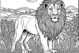 outline art for coloring page with pride lion on savana landscape, white background, sketch style, full body, only use outline, mandala style, clean line art, no shadows, clear and well outlined