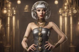 full body and headshot of a skinny Cleopatra, with a silver bob hairstyle, standing in a steampunk setting.