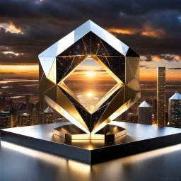 In a mesmerizing scene, envision 4 diamond and silver and gold symetric hexagonal prism repeating 3d mandelbolb fractal structure against the backdrop of a gleaming modern futuristic future stormy sunset cityscape. Suddenly, without warning, the hexagonal prism begin to collapse and cascade to the floor, creating a symphony of light and sound as they shatter into a myriad of sparkling fragments. Explore the juxtaposition of beauty and destruction in this captivating moment.