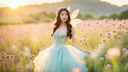 A gorgeous Asian model in a fairy outfit in a field of flowers at sunset