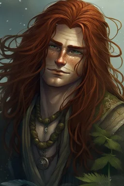 rugged wet pirate nereid male with seaweed in long auburn hair and freckles