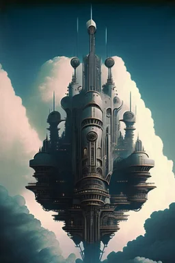 Enormous mechanical castle in the sky, ominously looming in the style of art deco