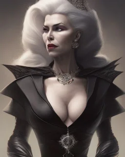 old evil queen in black leather gown, femme fatale, volouptous, busty, cleavage, angry, emperious, 8k resolution concept art portrait by Greg Rutkowski,